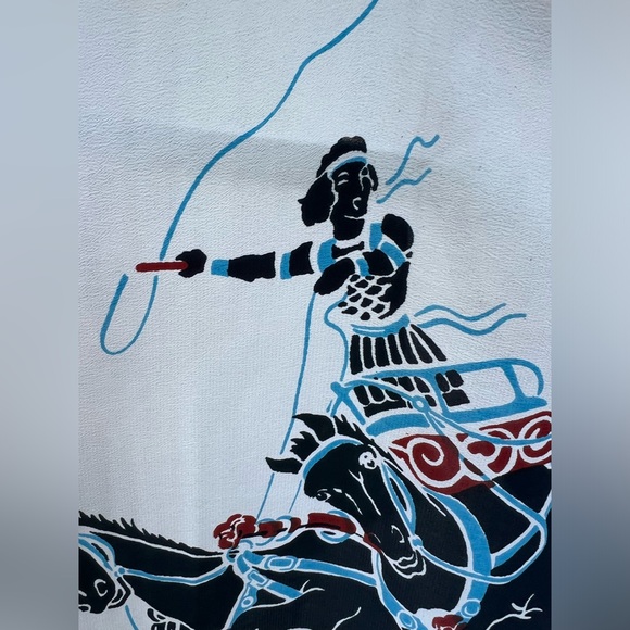 Vintage Chariot Scene Crepe Silk Scarf | Cohama | Charioteer Warrior | 33”x38.5” - Picture 11 of 17